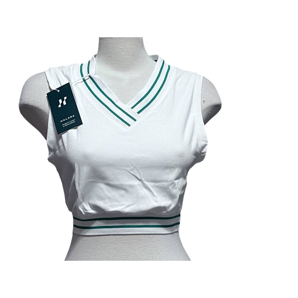 Halara V Neck Sleeveless Sport Striped Casual Cropped Shirt Sz XS White & Green - Picture 6 of 6